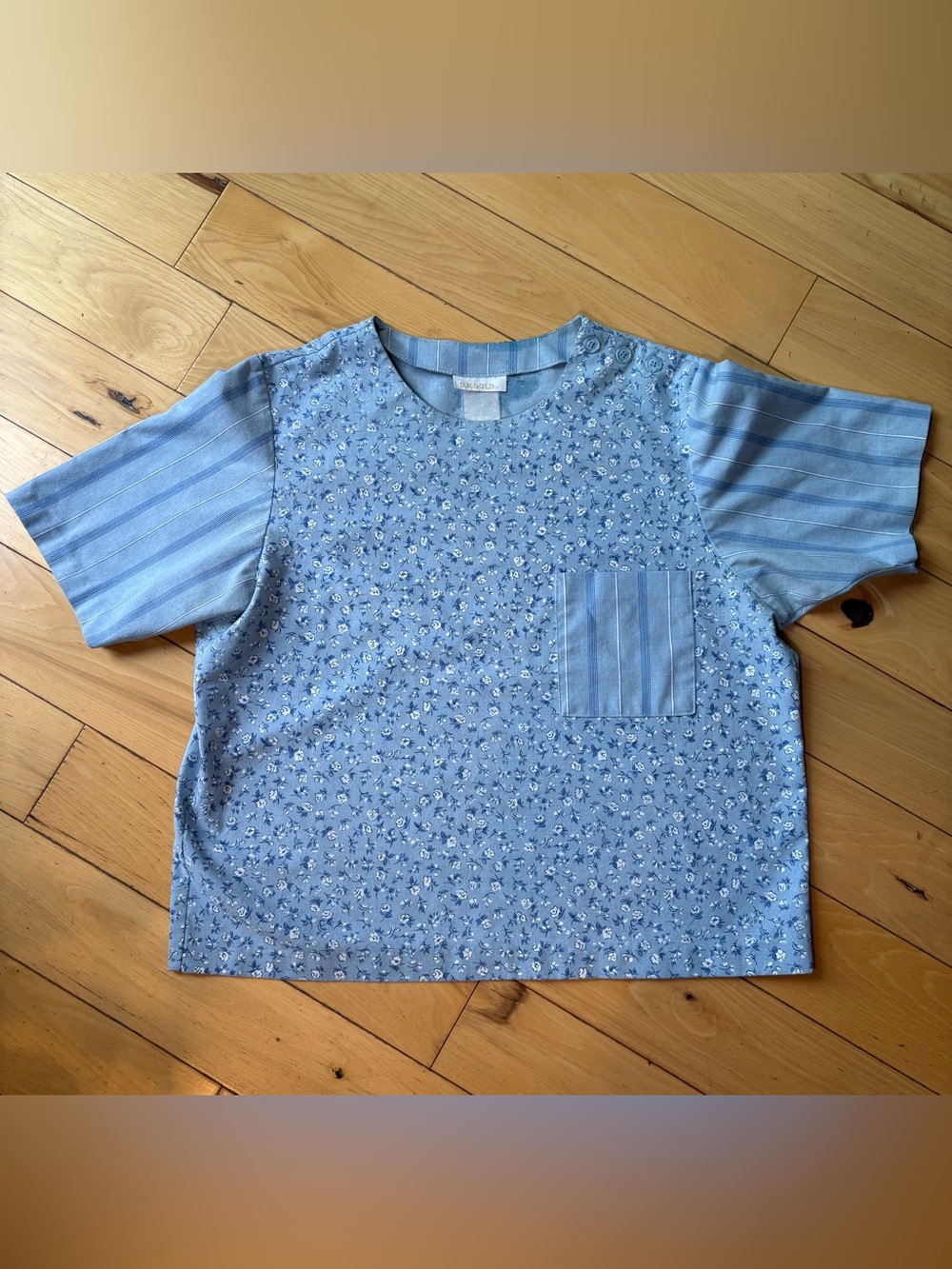 Vintage Blue Floral & Stripe Tee - Size L 100% cotton
